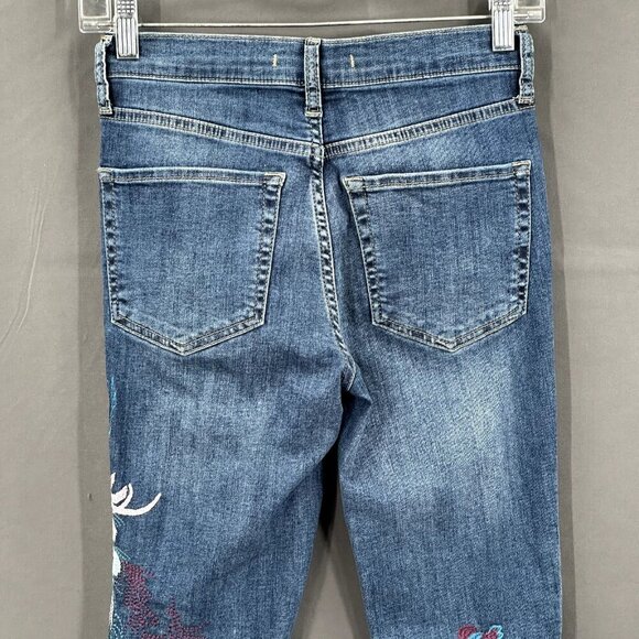 Free People Jeans Women 25 Embroidery Peacock Floral Raw Hem Mid Rise Denim Boho - Picture 7 of 11